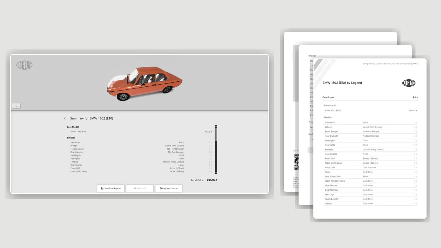 In-configurator build summary with the generated multi-page PDF specification report